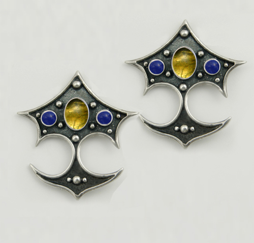 Sterling Silver Gothic Drop Dangle Earrings With Citrine And Lapis Lazuli